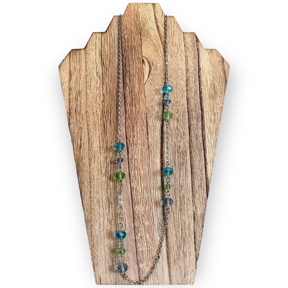 You and I Silver Tone Aqua Blue Green Beaded Long Necklace Fashion Jewelry